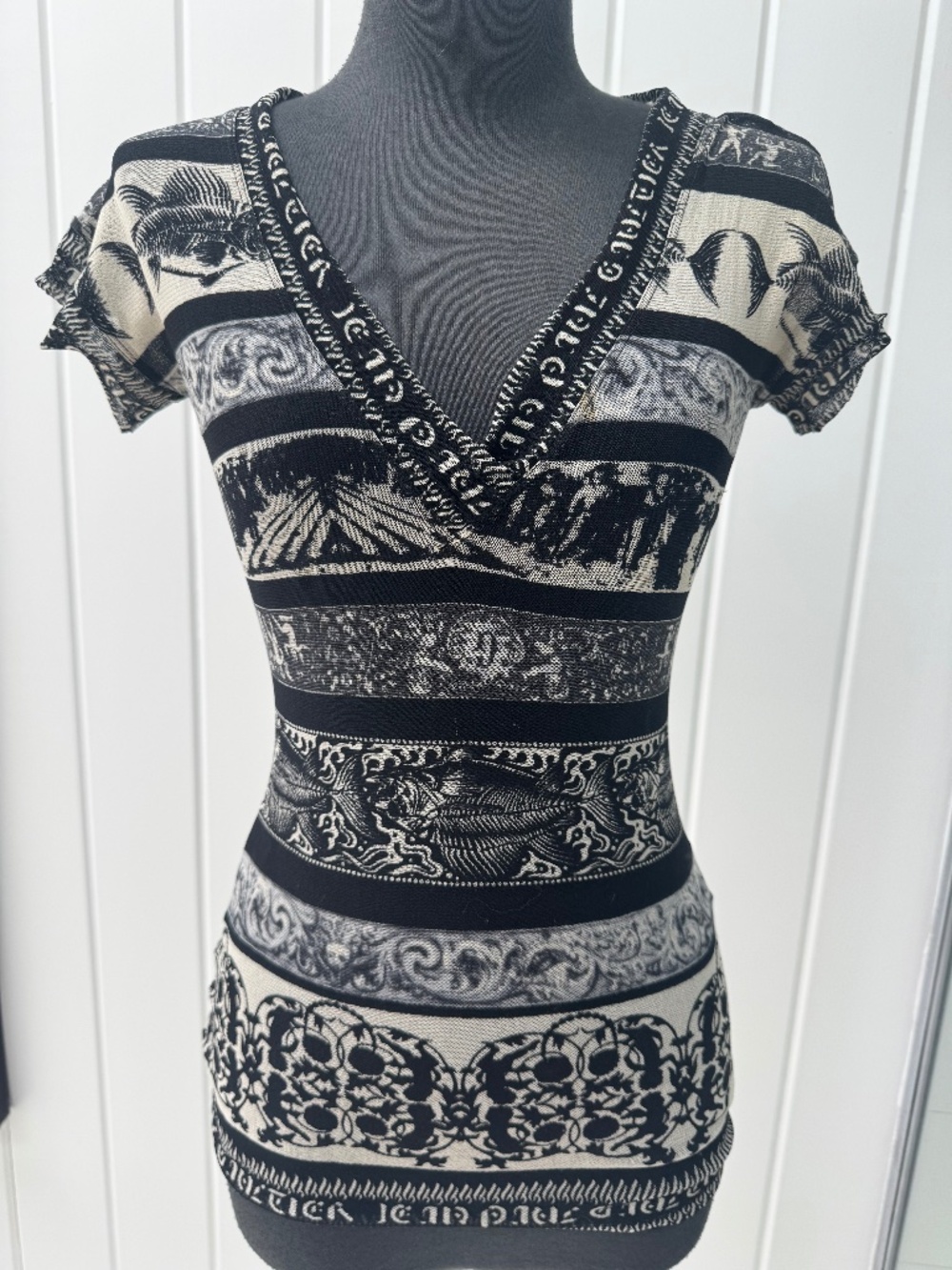 JEAN PAUL GAULTIER MESH TOP SOLEIL MESH FISHBONE NYLON PRINT SMALL